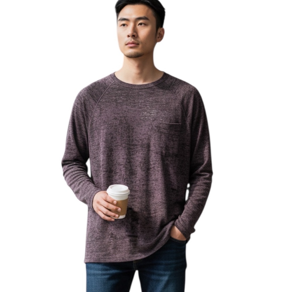 JOHN VARVATOS BURNOUT LONG SLEEVE Men's Heathered DARK MAROON POCKET Shirt